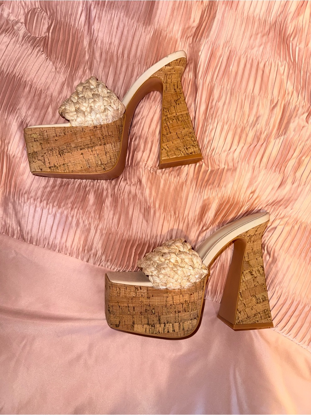 PrettyLittleThing Cream Braided Cork Platform Mules